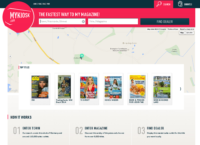 A search engine for magazines, it enables internet users in Germany (and soon Austria and Switzerland) to locate the nearest stockist of their favourite newspaper or magazine