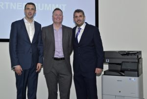l-r: Mark Ash, Director Enterprise Business at Samsung Elecronics; Brett Abson and David Thompson, Head of OA Channels at Samsung UK
