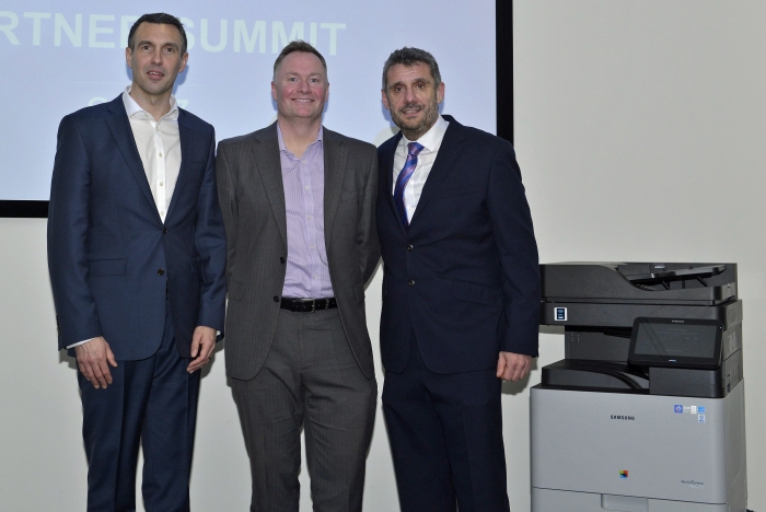 l-r: Mark Ash, Director Enterprise Business at Samsung Elecronics; Brett Abson and David Thompson, Head of OA Channels at Samsung UK